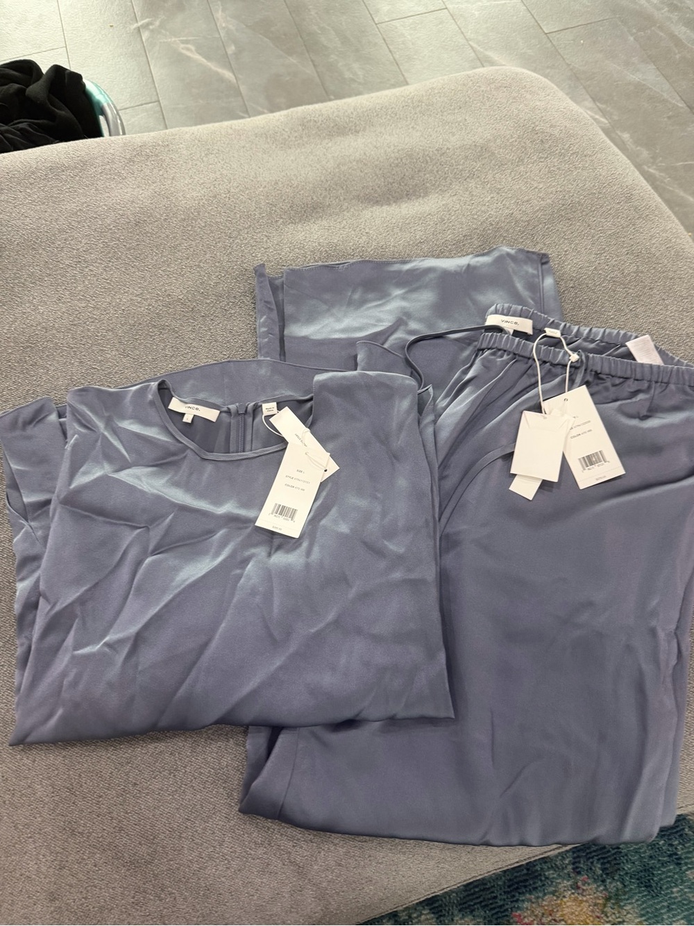 New Vince Iridescent Slate-Blue Satin Dress Top and bottom set - Picture 3 of 4